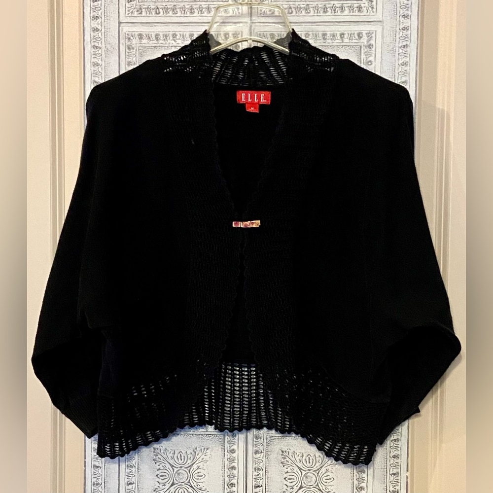 Elle Sz-M Black Cardigan/Shrug- Open Knit Stitching Around Edge/Hem, 3/4 Sleeves